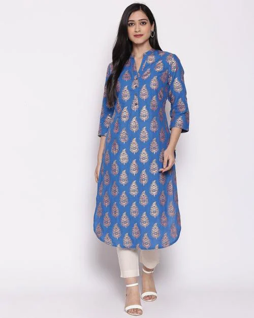Blue Cotton Printed Kurti