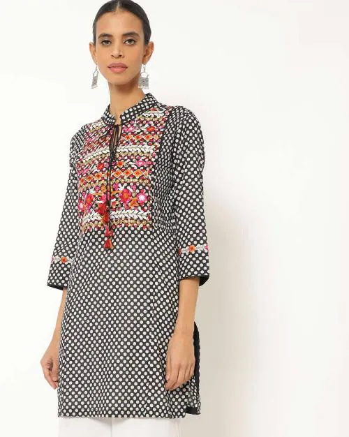 Polka-Dot Print Kurti with Embroidered yoke
