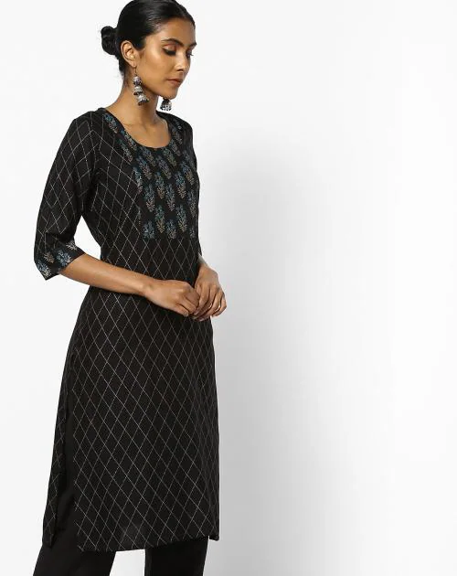 Argyle Print Straight Kurta with Side Slits
