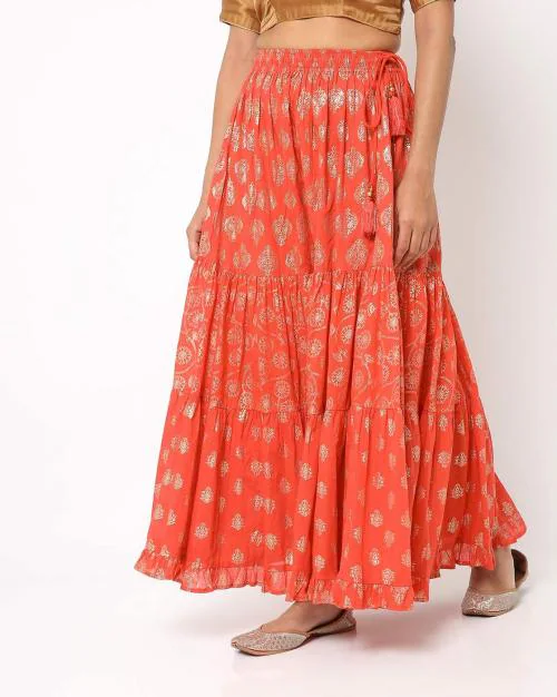 Foil Block Print Tiered Flared Skirt