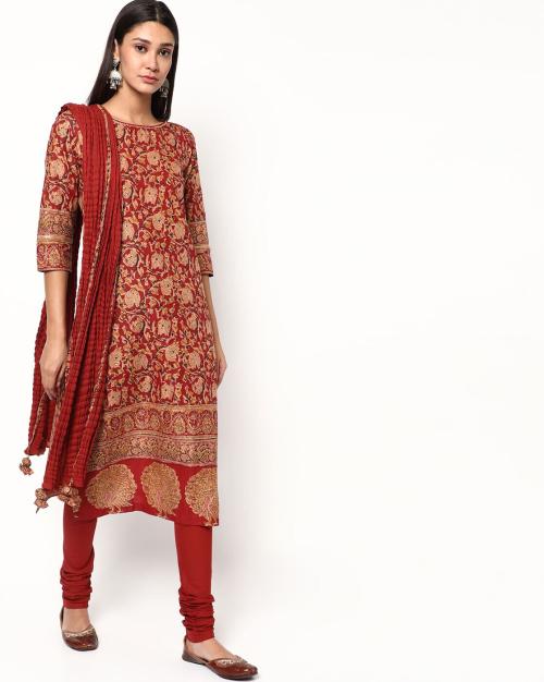 Floral Print Straight Kurta with Churidar & Dupatta Set