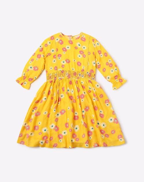 Floral Print Fit & Flare Dress with Bishop Sleeves