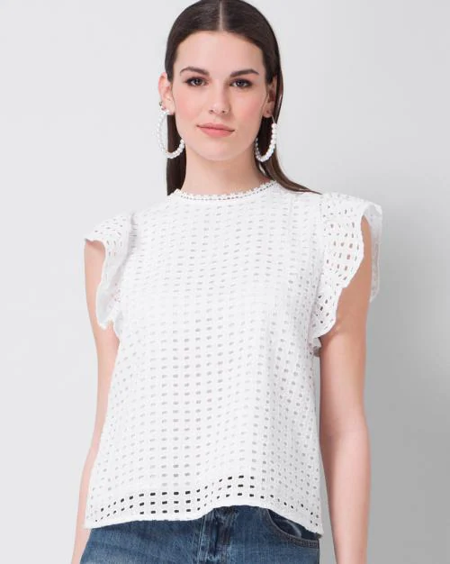 Schiffli Top with Flutter Sleeves