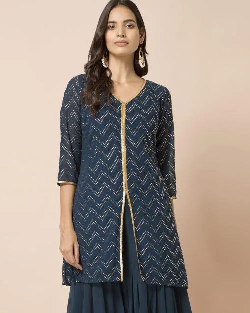 Foil Print V-neck Straight Kurti