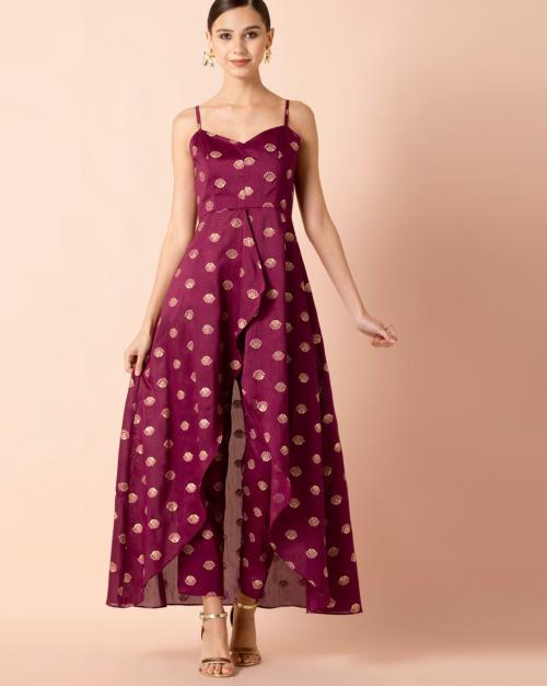 Floral Strappy A-line Dress with High Slit