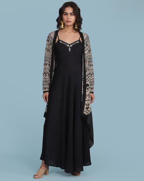 Strappy A-line Maxi Dress with Printed Jacket