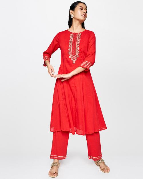 Buy Embroidered Flared Kurta with Pants Online at Best Prices in India ...
