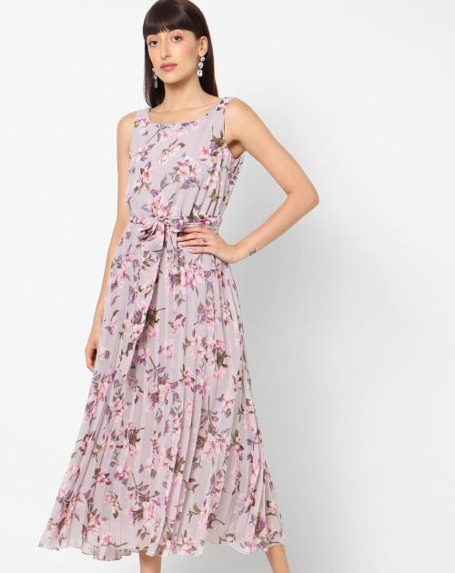 Floral Print A-line Dress with Accordion Pleats
