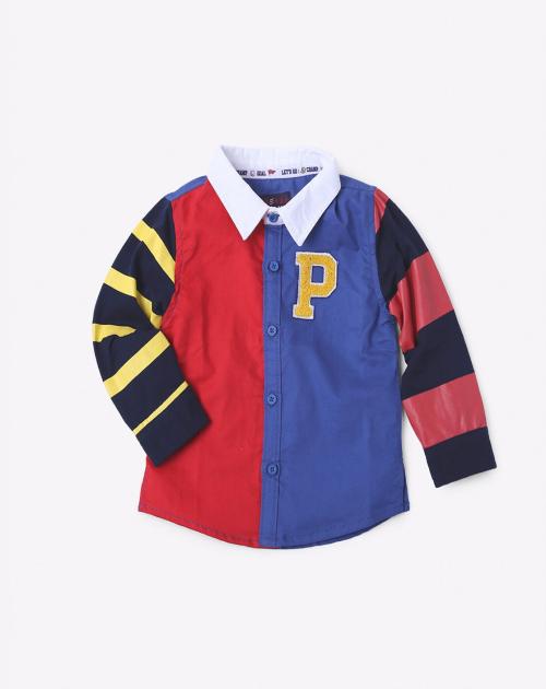 Colourblock Varsity Shirt with Text Applique