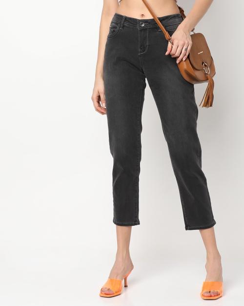 Washed Straight Fit Cropped Jeans