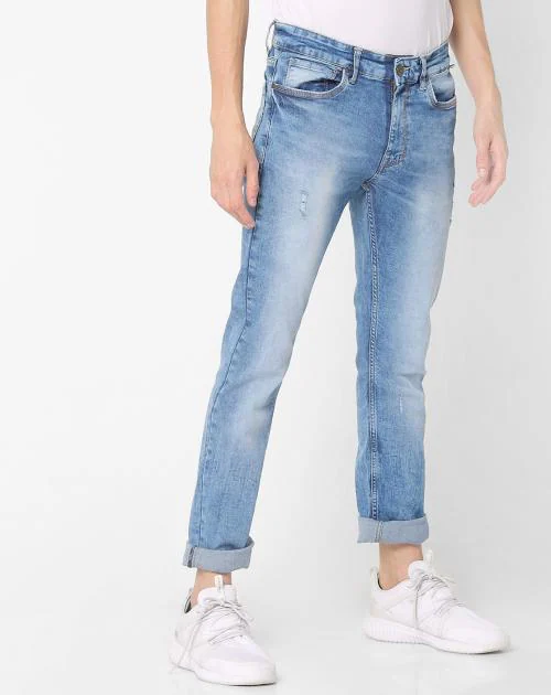 Men Acid-Wash Distressed Slim Fit Jeans