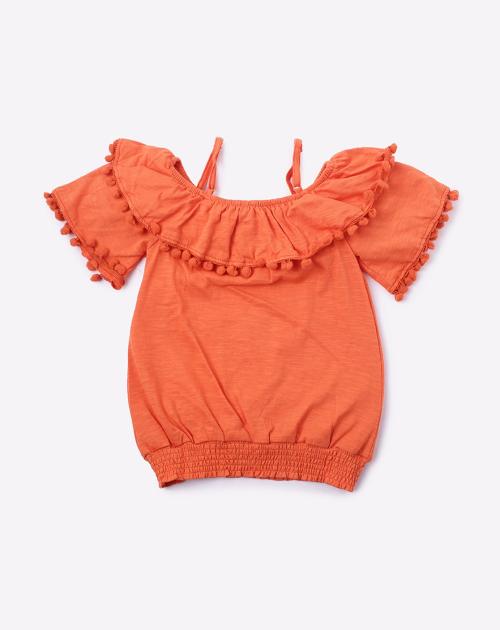 Off-Shoulder Top with Pom-Poms