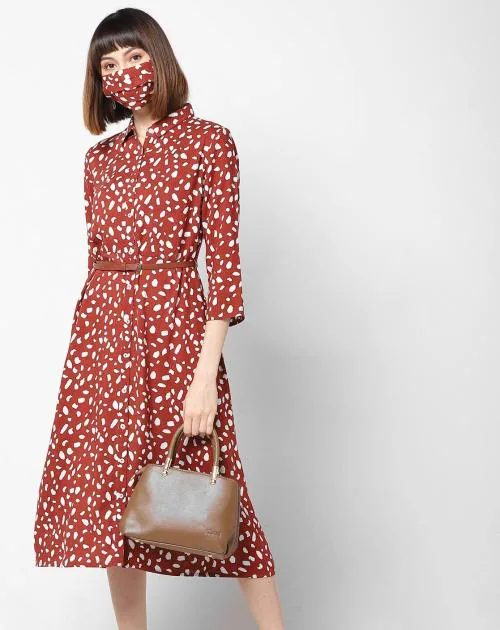 Floral Print A-line Shirt Dress with Mask