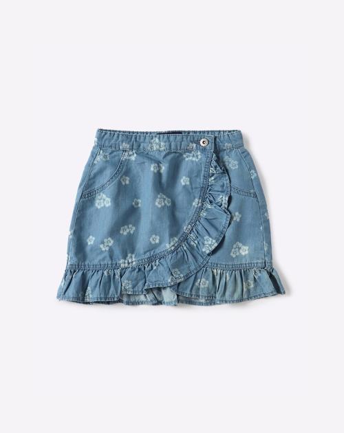 Floral Print Asymmetric Denim Skirt