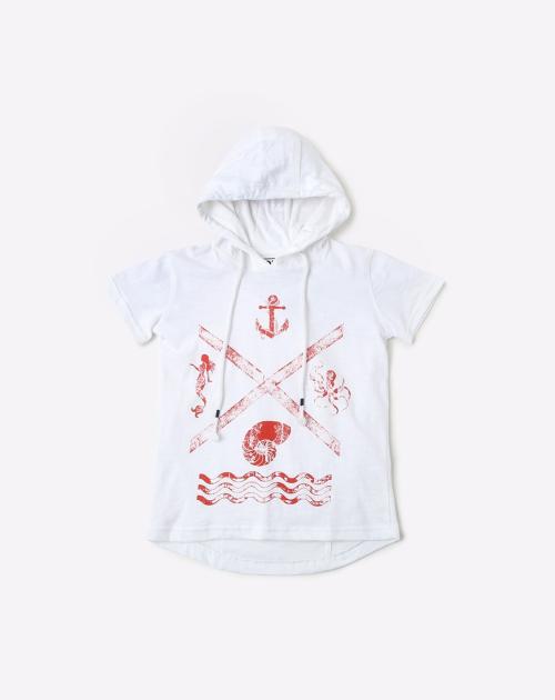 Printed High-Low Oversized Hooded T-shirt