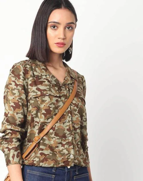 Camo Print Shacket with Flap Pockets