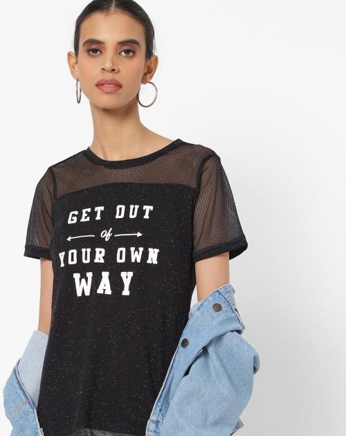 Typographic Print Top with Mesh Yoke