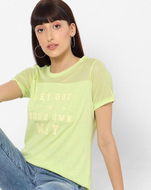 Typographic Print Top with Mesh Yoke