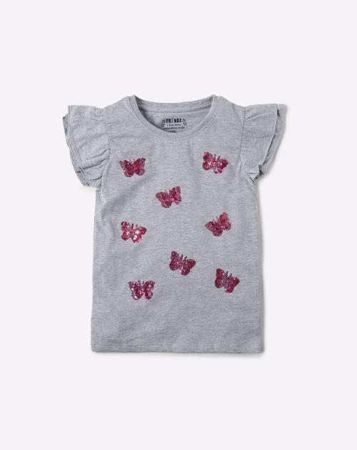 Embellished T-shirt with Flutter Sleeves