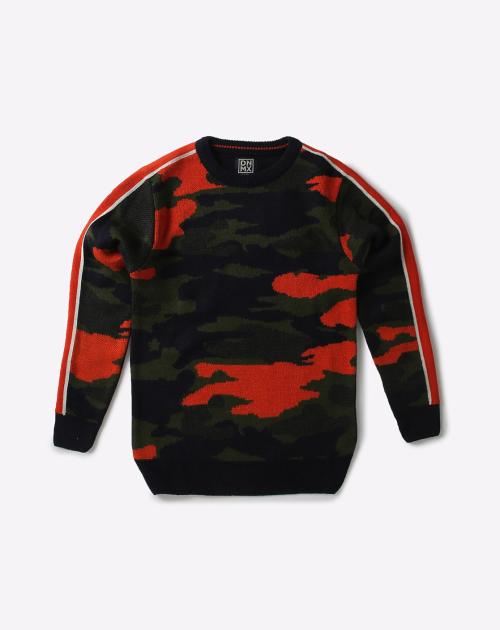 Camouflage Knit Sweater with Ribbed Hems