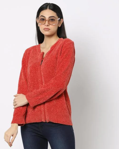 Chenille Cardigan with Ribbed Hems