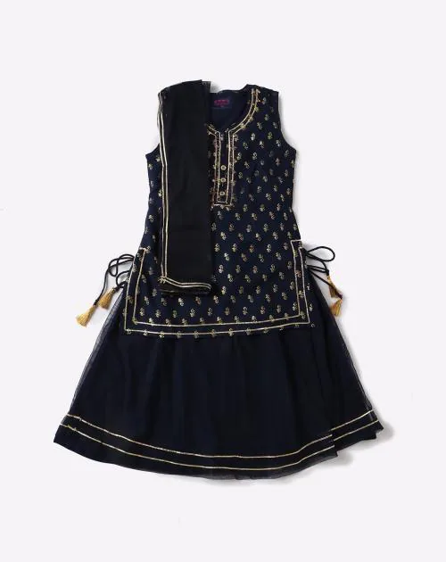 Patterned Round Neck Kurta Churidar and Dupatta Set