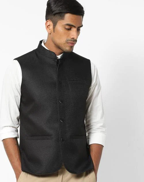 Woven Nehru Jacket with Welt Pockets