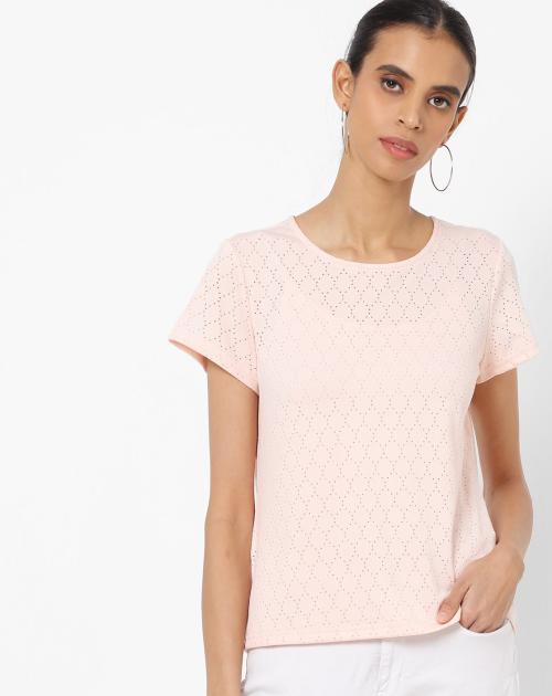 Pointelle-Knit Round-Neck Top