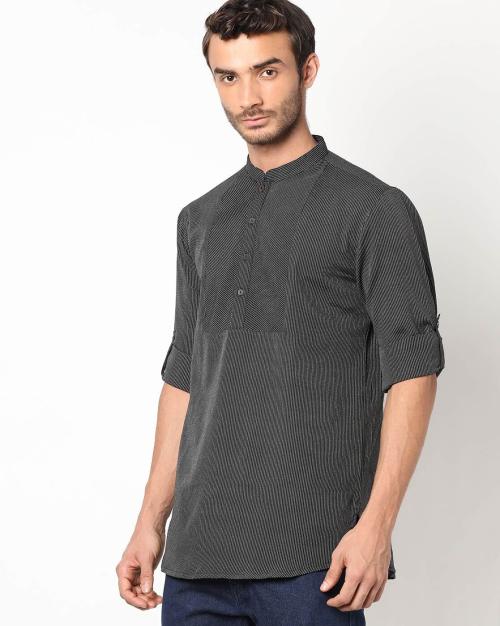 Striped Short Kurta with Mandarin Collar