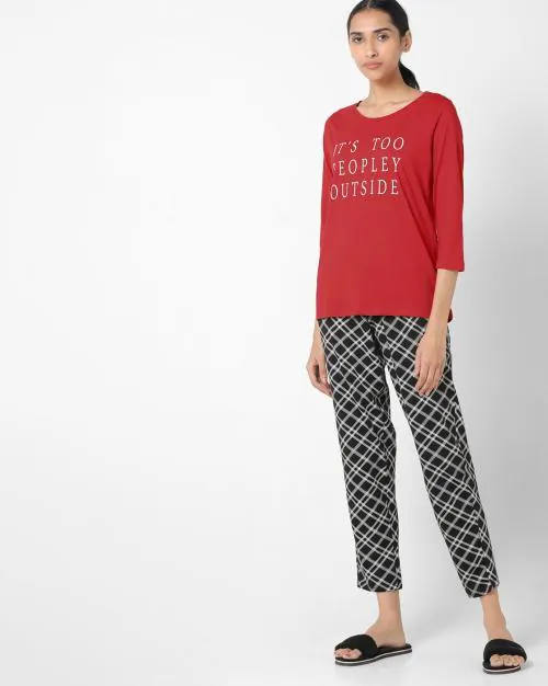 Typographic Print Lounge T-shirt with Pyjama Set