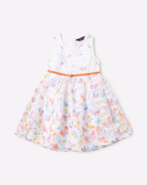 Butterfly Print A-line Dress with Belt