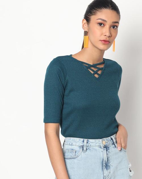 Ribbed Top with Criss-Cross Neckline