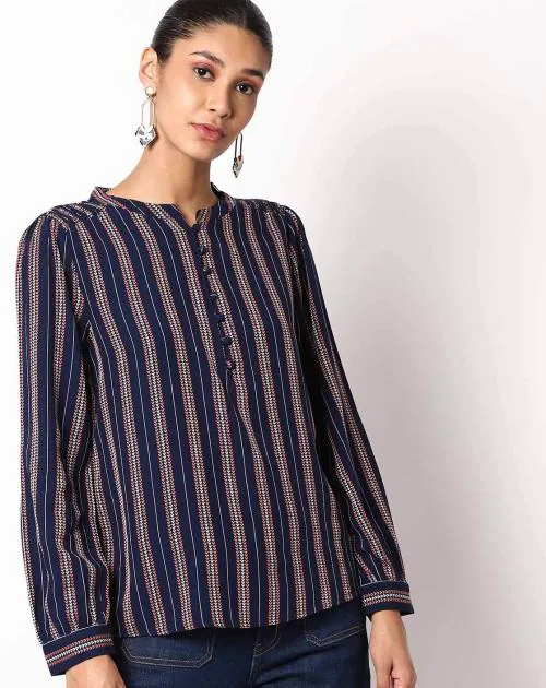 Striped Mandarin Collar Blouse