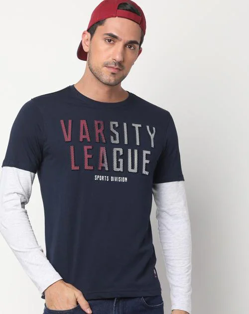 Typographic Print Crew-Neck T-shirt with Doctor Sleeves