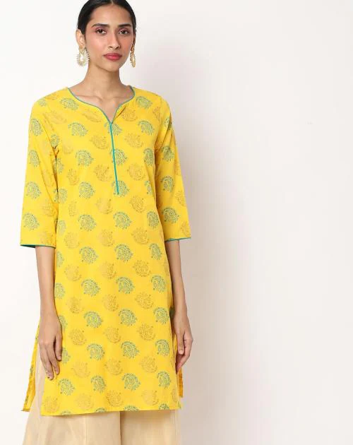 Printed Straight Kurta with Contrast Piping