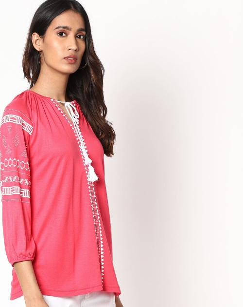 Geometric HD Print Top with Tie-Up Neckline