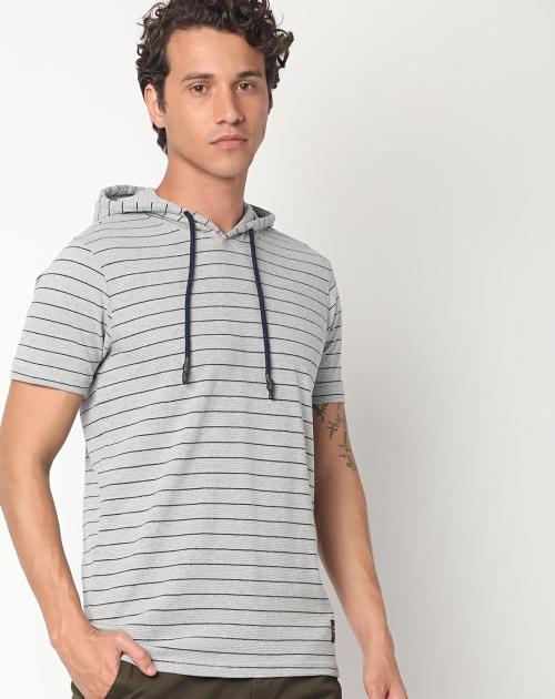 Striped T-shirt with Drawstring Hood