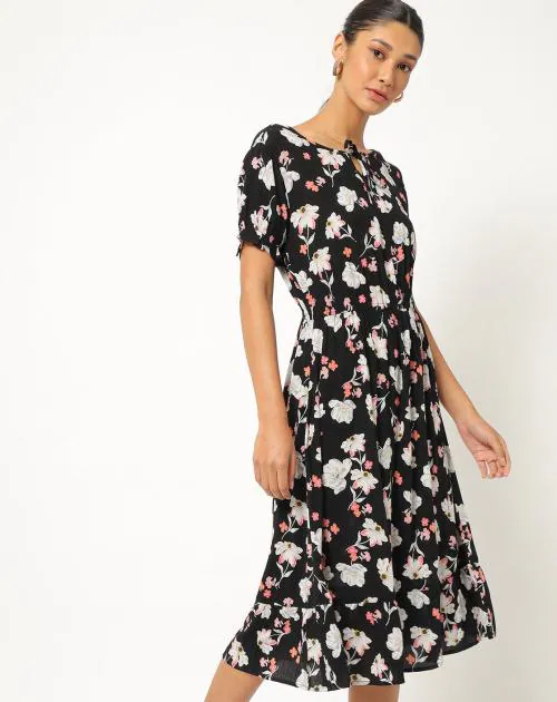 Floral Print A-line Dress with Elasticated Waist