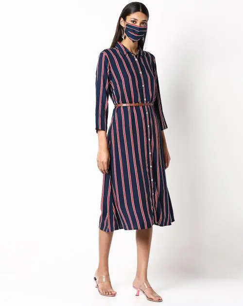 Striped Shirt Dress with Belt & Mask