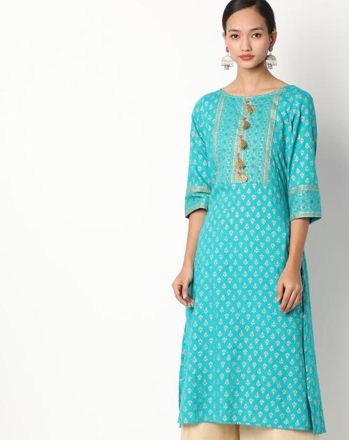 Buy Floral Print Straight Kurta with Tassels Online at Best Prices in