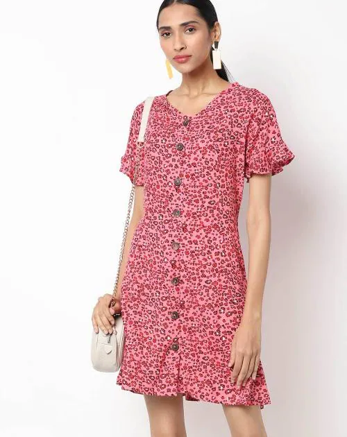 Printed V-neck Button-Down Fit & Flare Dress