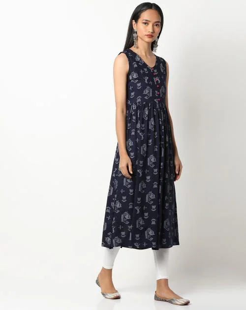 Printed V-neck Flared Kurta