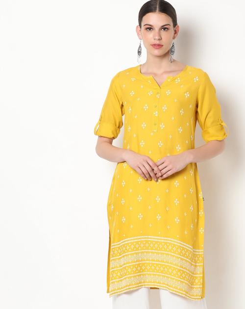 Printed Straight Kurta with Button Placket