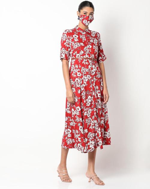 Floral Print Shirt Dress with Face Mask
