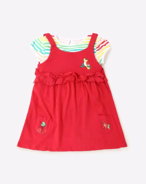 Embroidered A-line Pinafore Dress with Striped Top