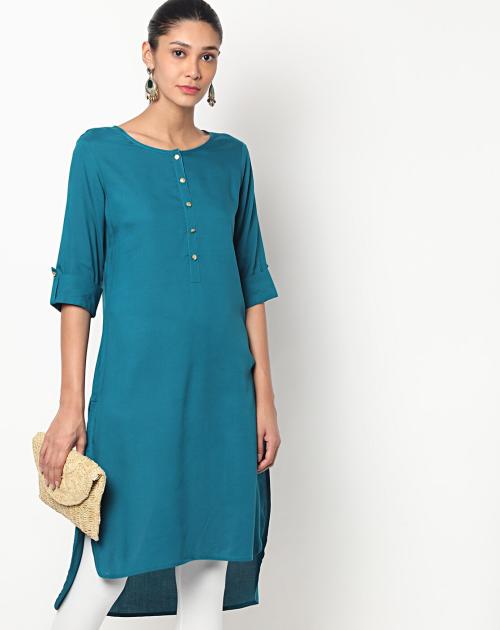 High-Low Straight Kurta with Roll-Tab Sleeves