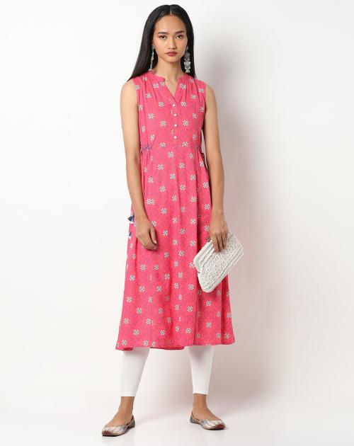 Floral Print Flared Kurta with Side Waist Tie-Up