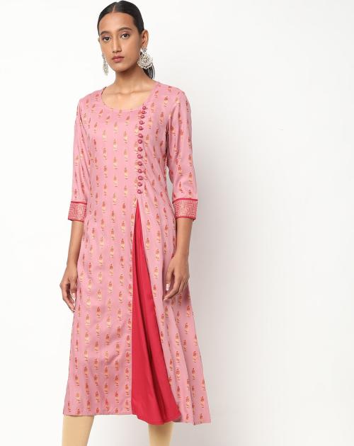 Printed A-line Kurta with Contrast Panel