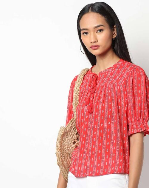 Striped Gathered Top with Tassel Tie-Up