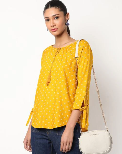 Printed Top with Tie-Up Neckline